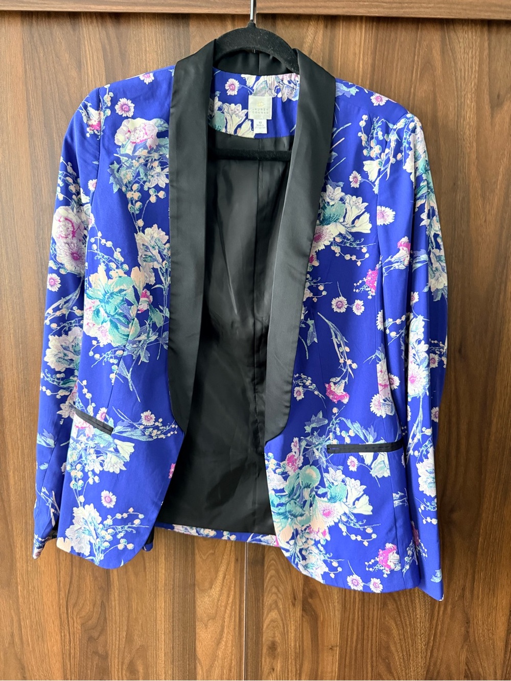 LC Lauren Conrad Royal Blue Floral Blazer with Black Satin Trim